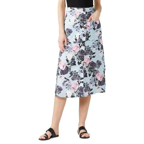 Nicholas Blue Garden Floral Button Front Linen Midi Skirt Size 14 - Picture 1 of 11